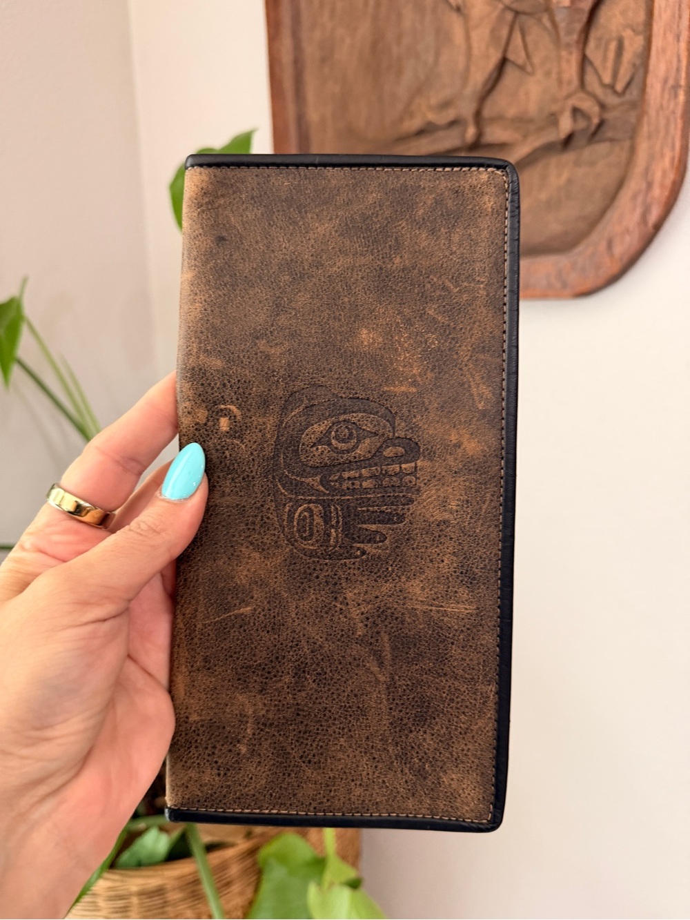 Vintage Leather Checkbook Wallet Bird Motif Brown